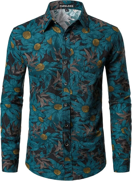 PARKLEES Men's Cotton Linen-Like 70s Disco Retro Traditional Pattern Printed Long Sleeve Button Down Shirt