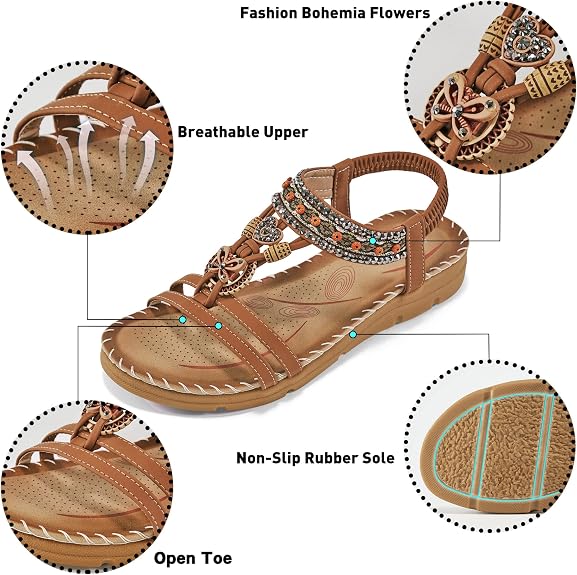 Aomigoct Sandals Women Flat Shoes: Dressy Summer Bohemian Flats Shoes for Women Sandals Comfortable Ankle Strap Outdoor Walking (Copy)