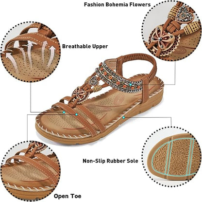 Aomigoct Sandals Women Flat Shoes: Dressy Summer Bohemian Flats Shoes for Women Sandals Comfortable Ankle Strap Outdoor Walking (Copy)