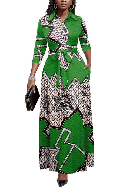 Runwind Women Church Maxi Dresses 3/4 Sleeve Button Down Print Casual Office Dress African