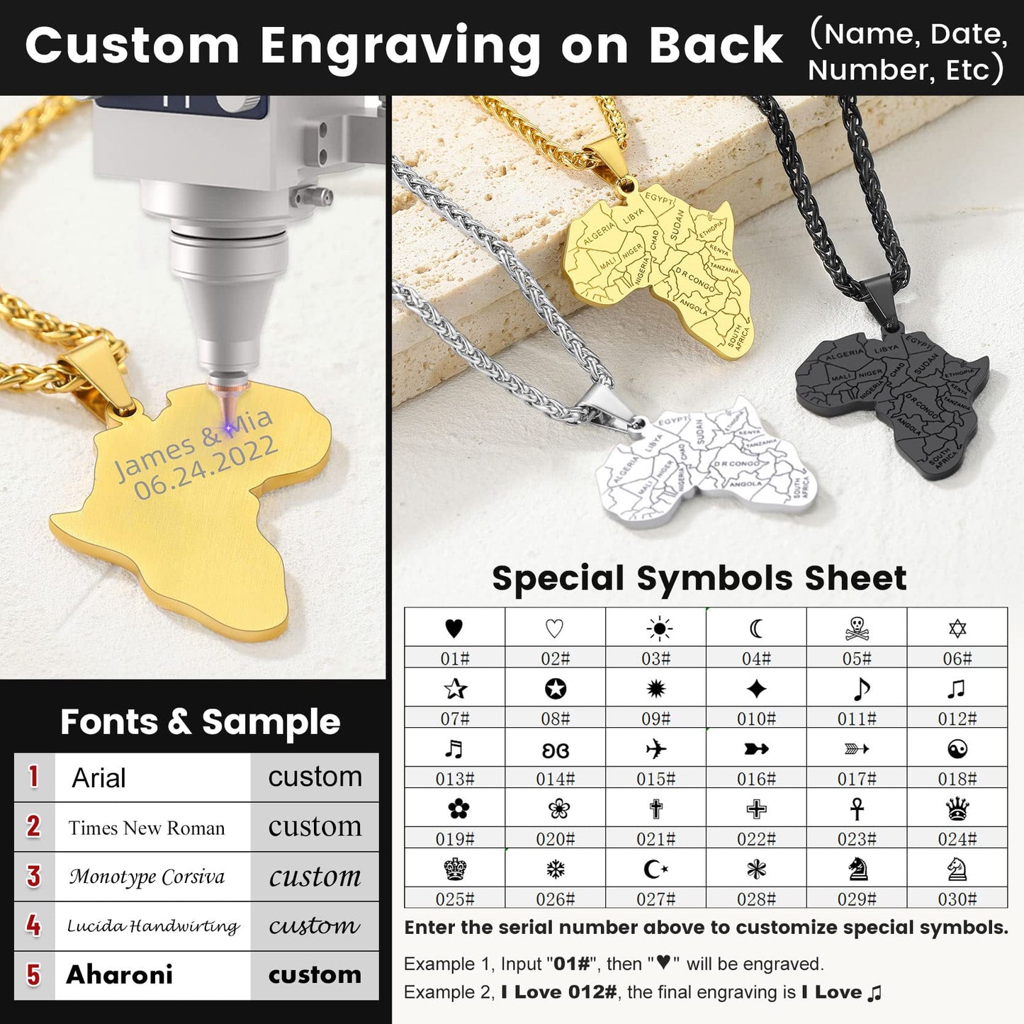 GOLDCHIC JEWELRY Africa Map Necklace for Men, Stainless Steel African Tribal/Egyptian Eye of Horus/I LOVE AFRICA/Elephant Map Hiphop Jewelry Unisex with 22'+2'Adjustable Chain