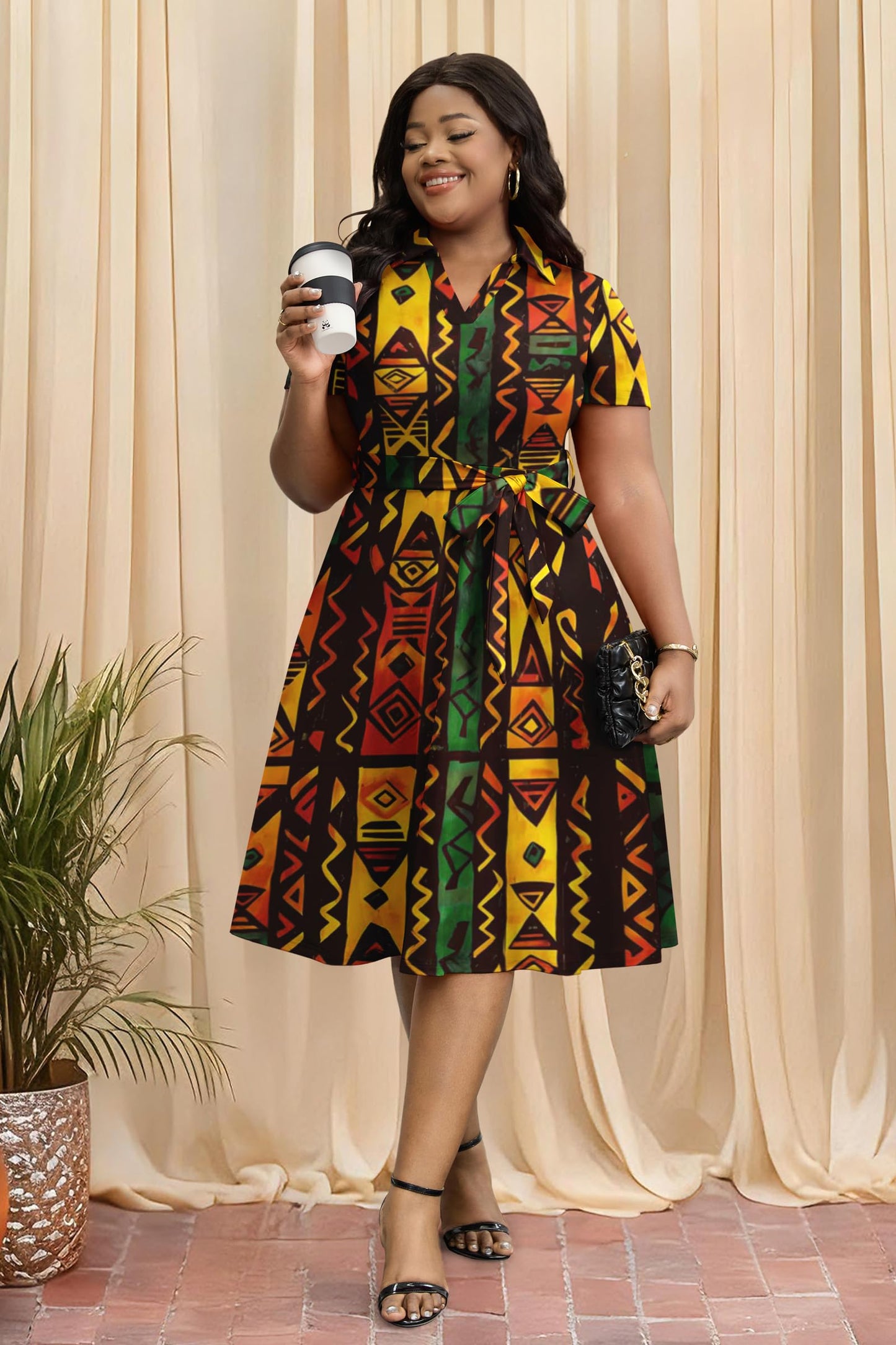 FANDEE Plus Size Dresses, Women Summer Casual V Neck Short Sleeve A-Line Work Cocktail Shirt Midi Dress with Belt and Pockets