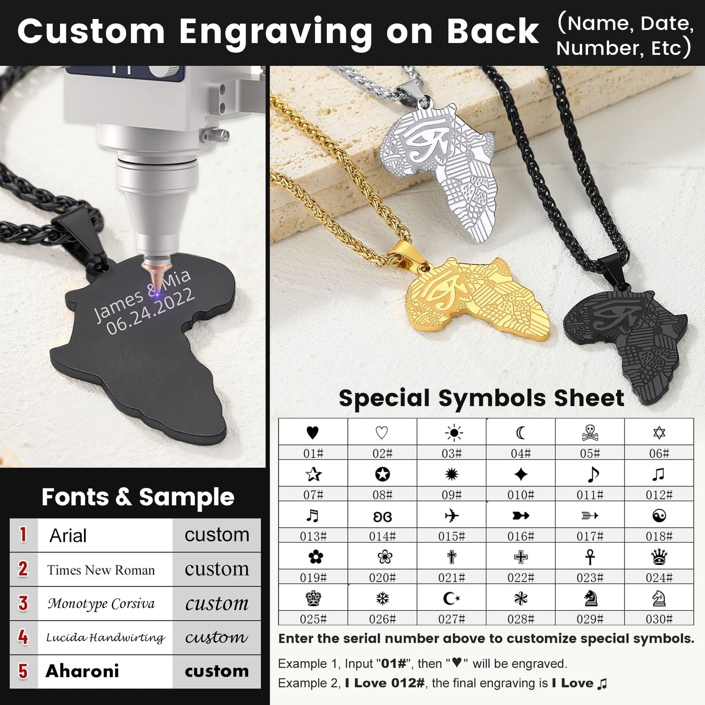 GOLDCHIC JEWELRY Africa Map Necklace for Men, Stainless Steel African Tribal/Egyptian Eye of Horus/I LOVE AFRICA/Elephant Map Hiphop Jewelry Unisex with 22'+2'Adjustable Chain