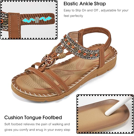 Aomigoct Sandals Women Flat Shoes: Dressy Summer Bohemian Flats Shoes for Women Sandals Comfortable Ankle Strap Outdoor Walking (Copy)