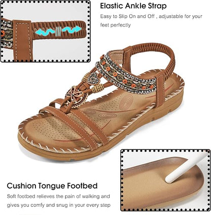Aomigoct Sandals Women Flat Shoes: Dressy Summer Bohemian Flats Shoes for Women Sandals Comfortable Ankle Strap Outdoor Walking (Copy)