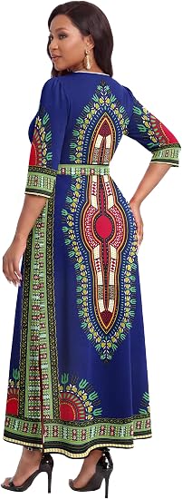 FANDEE African Attire Dresses for Women Elegant Print V Neck 3/4 Sleeve Belted Long Maxi Church Vintage Party Outfits