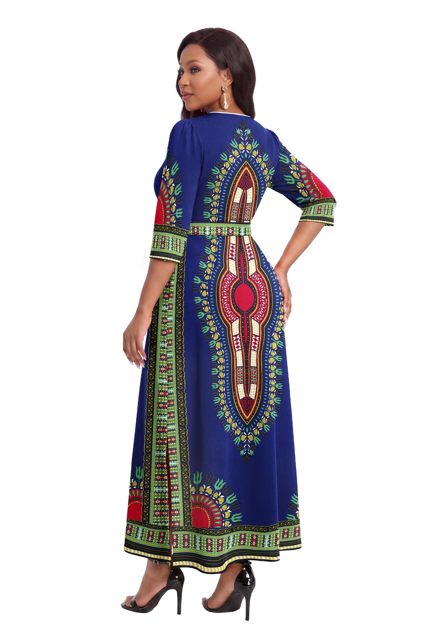 FANDEE African Attire Dresses for Women Elegant Print V Neck 3/4 Sleeve Belted Long Maxi Church Vintage Party Outfits