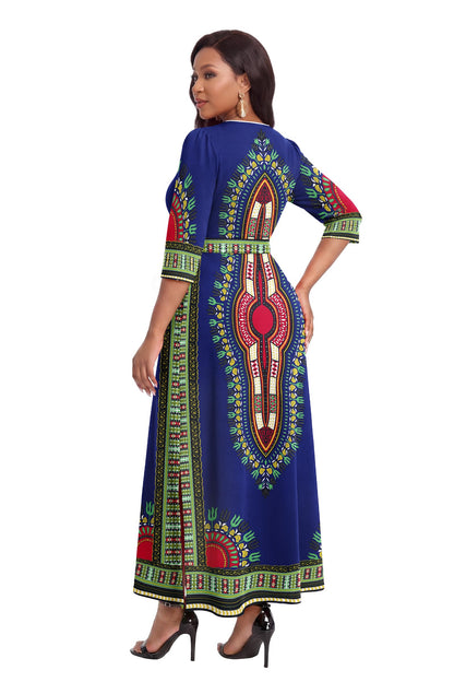FANDEE African Attire Dresses for Women Elegant Print V Neck 3/4 Sleeve Belted Long Maxi Church Vintage Party Outfits