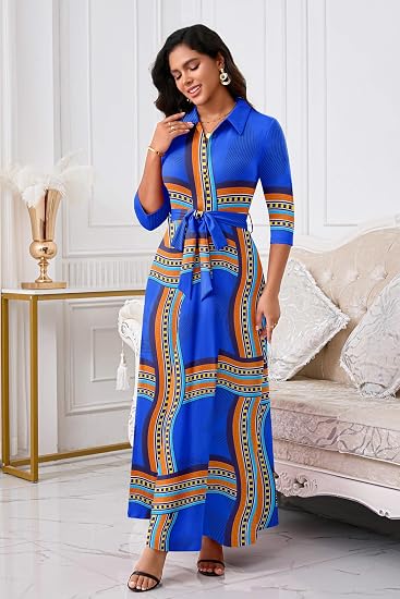 Runwind Women Church Maxi Dresses 3/4 Sleeve Button Down Print Casual Office Dress African