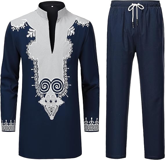 YND Men’s 2 Piece Set African Dashiki Shirt and Pants, Outfit with Gold Print