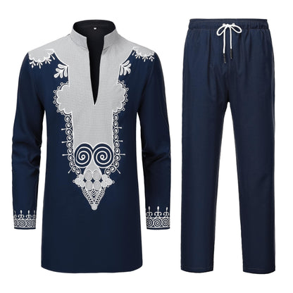 YND Men’s 2 Piece Set African Dashiki Shirt and Pants, Outfit with Gold Print