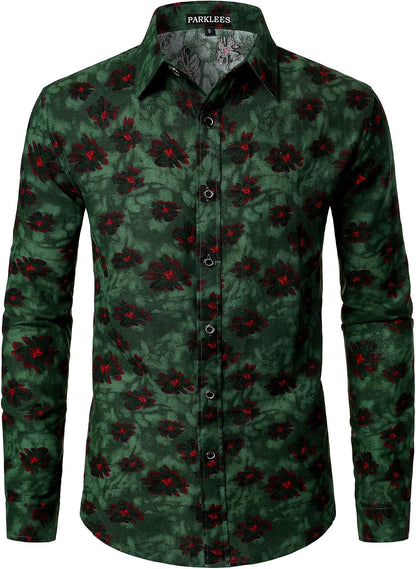 PARKLEES Men's Cotton Linen-Like 70s Disco Retro Traditional Pattern Printed Long Sleeve Button Down Shirt
