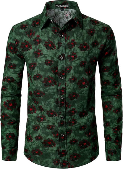 PARKLEES Men's Cotton Linen-Like 70s Disco Retro Traditional Pattern Printed Long Sleeve Button Down Shirt