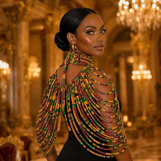 African Necklace for Women, Ankara Multi-Strand Fabric Shawl-Style Statement Necklace, Handmade Tribal African Jewelry for Party, Festival & Wedding
