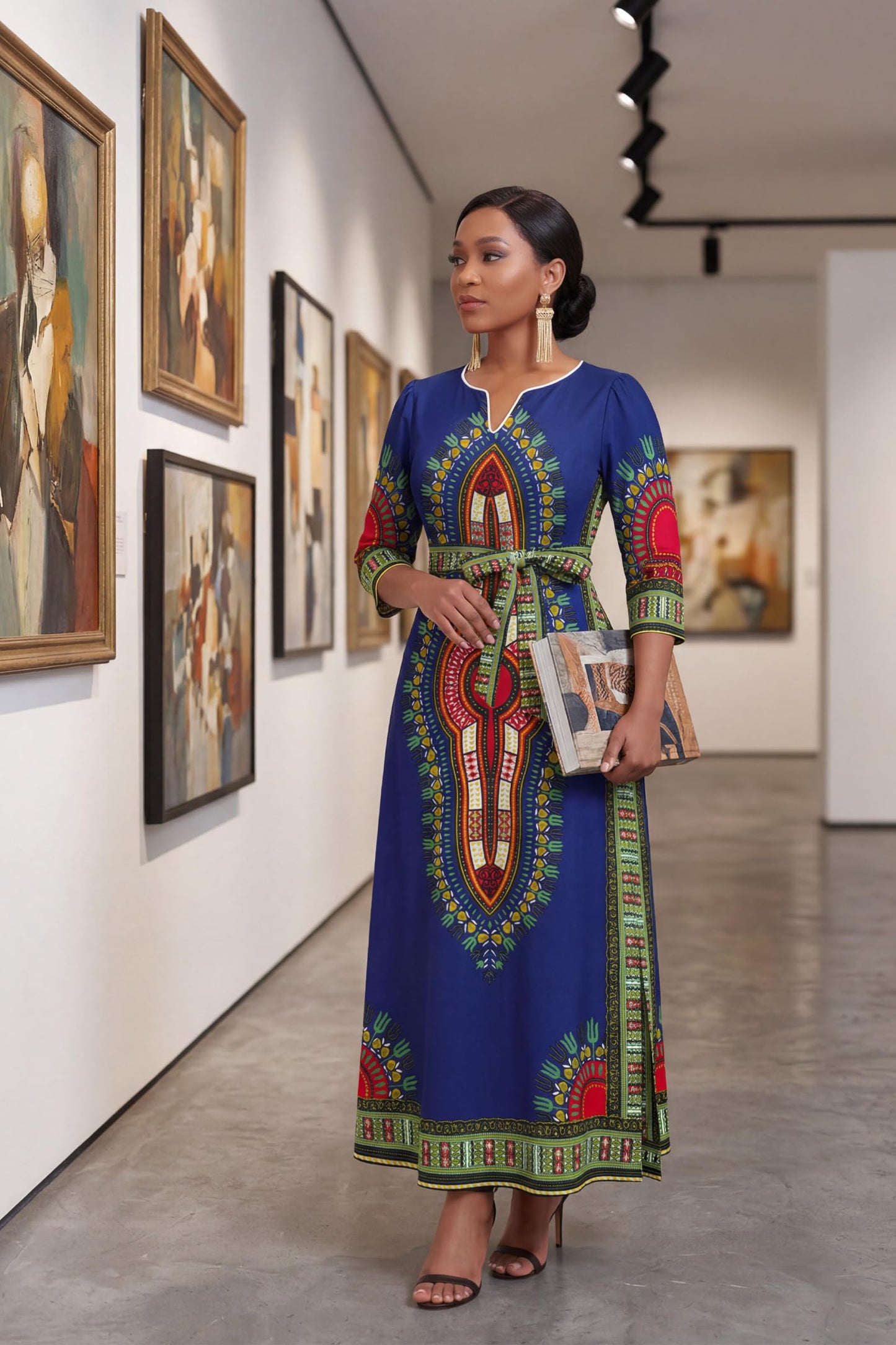 FANDEE African Attire Dresses for Women Elegant Print V Neck 3/4 Sleeve Belted Long Maxi Church Vintage Party Outfits