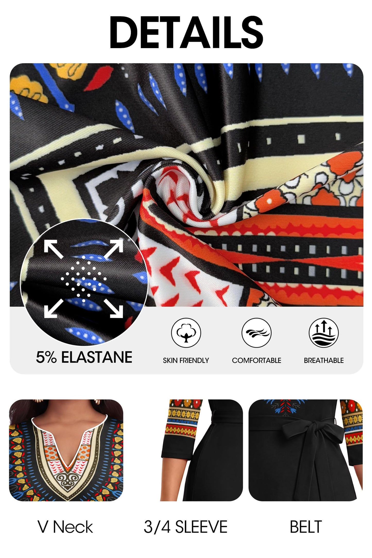 FANDEE African Attire Dresses for Women Elegant Print V Neck 3/4 Sleeve Belted Long Maxi Church Vintage Party Outfits