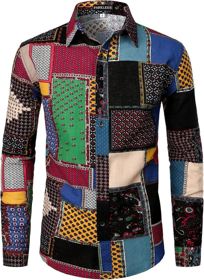 PARKLEES Men's Cotton Linen-Like 70s Disco Retro Traditional Pattern Printed Long Sleeve Button Down Shirt