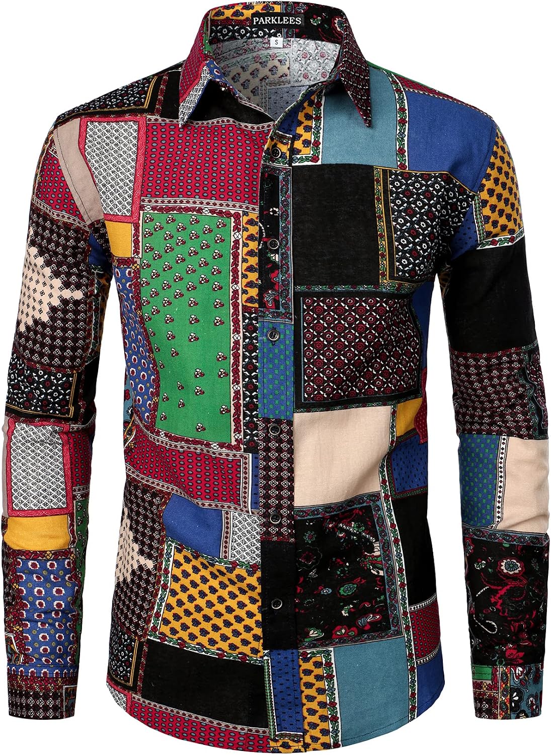 PARKLEES Men's Cotton Linen-Like 70s Disco Retro Traditional Pattern Printed Long Sleeve Button Down Shirt