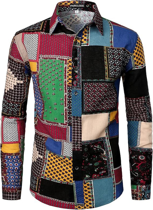 PARKLEES Men's Cotton Linen-Like 70s Disco Retro Traditional Pattern Printed Long Sleeve Button Down Shirt
