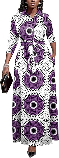 Runwind Women Church Maxi Dresses 3/4 Sleeve Button Down Print Casual Office Dress African
