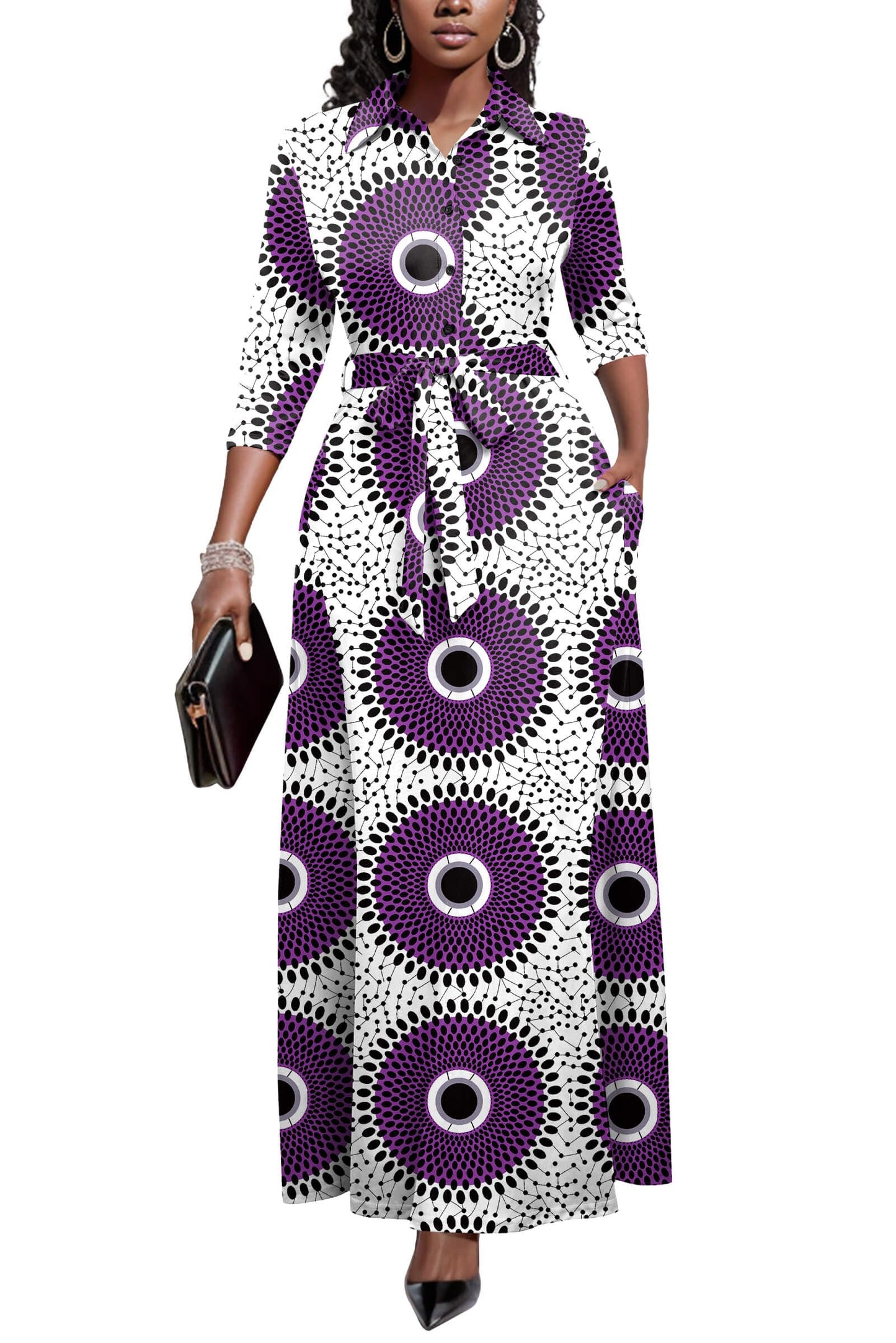 Runwind Women Church Maxi Dresses 3/4 Sleeve Button Down Print Casual Office Dress African