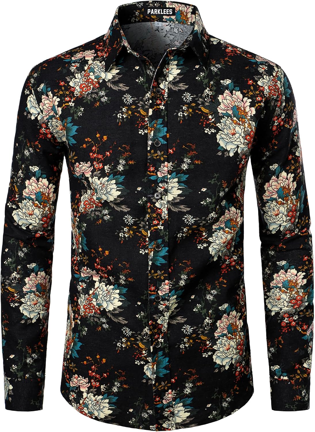 PARKLEES Men's Cotton Linen-Like 70s Disco Retro Traditional Pattern Printed Long Sleeve Button Down Shirt