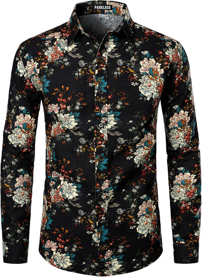 PARKLEES Men's Cotton Linen-Like 70s Disco Retro Traditional Pattern Printed Long Sleeve Button Down Shirt
