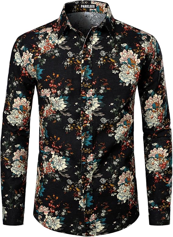 PARKLEES Men's Cotton Linen-Like 70s Disco Retro Traditional Pattern Printed Long Sleeve Button Down Shirt