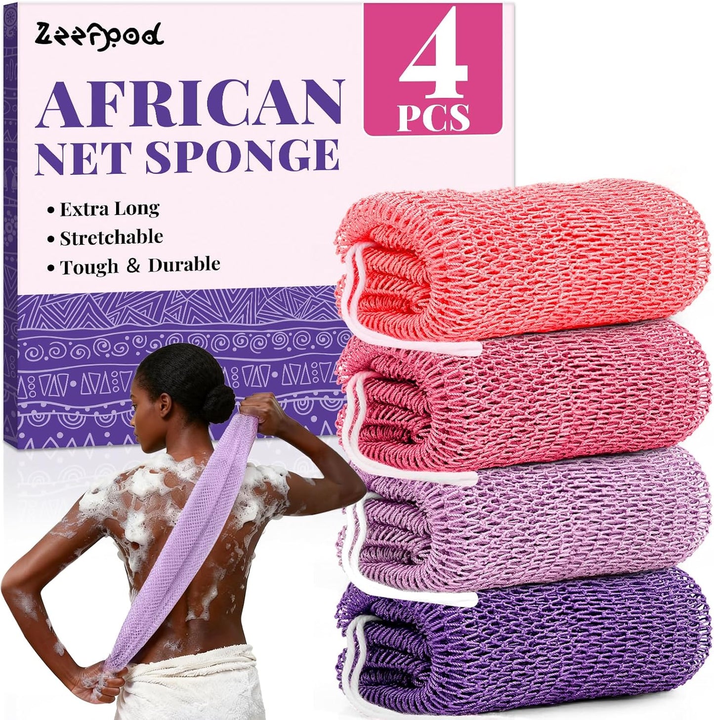 African Net Sponge Authentic-4 Packs African Exfoliating Net Sponge,Bath Sponges for Shower,42 inch Long for Normal to Sensitive Skin, for Daily use, Body Exfoliator Shower (Green,Pink,Blue,Grey)