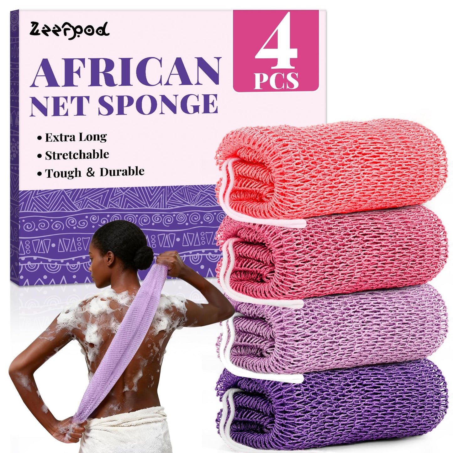 African Net Sponge Authentic-4 Packs African Exfoliating Net Sponge,Bath Sponges for Shower,42 inch Long for Normal to Sensitive Skin, for Daily use, Body Exfoliator Shower (Green,Pink,Blue,Grey)