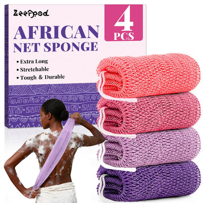 African Net Sponge Authentic-4 Packs African Exfoliating Net Sponge,Bath Sponges for Shower,42 inch Long for Normal to Sensitive Skin, for Daily use, Body Exfoliator Shower (Green,Pink,Blue,Grey)