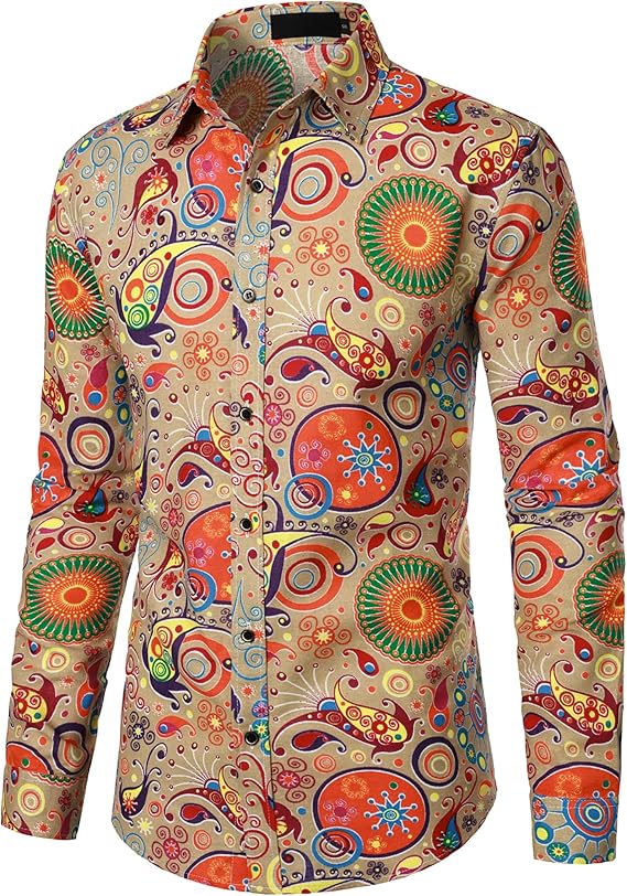 PARKLEES Men's Cotton Linen-Like 70s Disco Retro Traditional Pattern Printed Long Sleeve Button Down Shirt