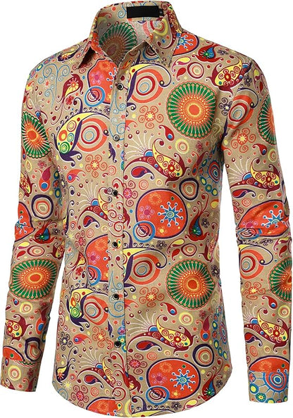 PARKLEES Men's Cotton Linen-Like 70s Disco Retro Traditional Pattern Printed Long Sleeve Button Down Shirt