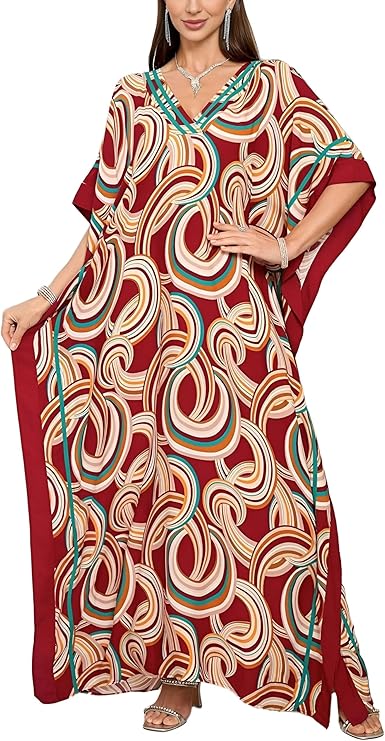 Kaftan Dresses for Women V-Neck Print Swimsuit Cover Up Plus Size Beach Caftan Lounge Dress
