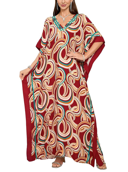 KECVOT Kaftan Dresses for Women V-Neck Print Swimsuit Cover Up Plus Size Beach Caftan Lounge Dress