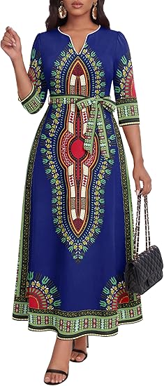 FANDEE African Attire Dresses for Women Elegant Print V Neck 3/4 Sleeve Belted Long Maxi Church Vintage Party Outfits