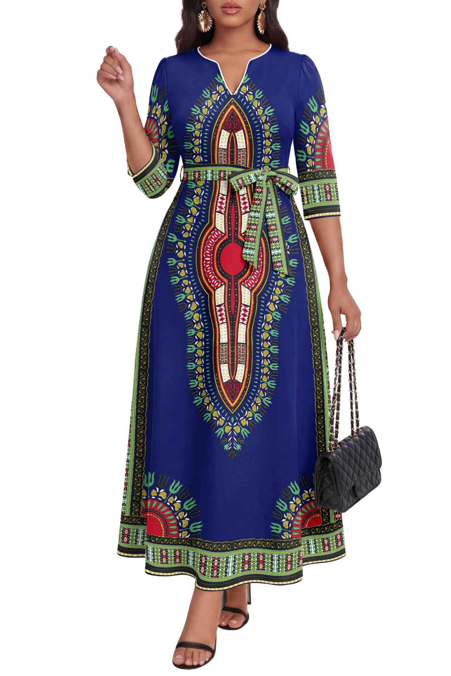 FANDEE African Attire Dresses for Women Elegant Print V Neck 3/4 Sleeve Belted Long Maxi Church Vintage Party Outfits