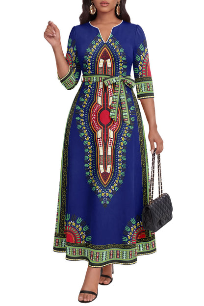 FANDEE African Attire Dresses for Women Elegant Print V Neck 3/4 Sleeve Belted Long Maxi Church Vintage Party Outfits