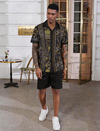 Mens African Dashiki Kente Printed Shirts Cuban Collar Short Sleeve Button Down Vintage Beach Summer Hawaiian Shirts