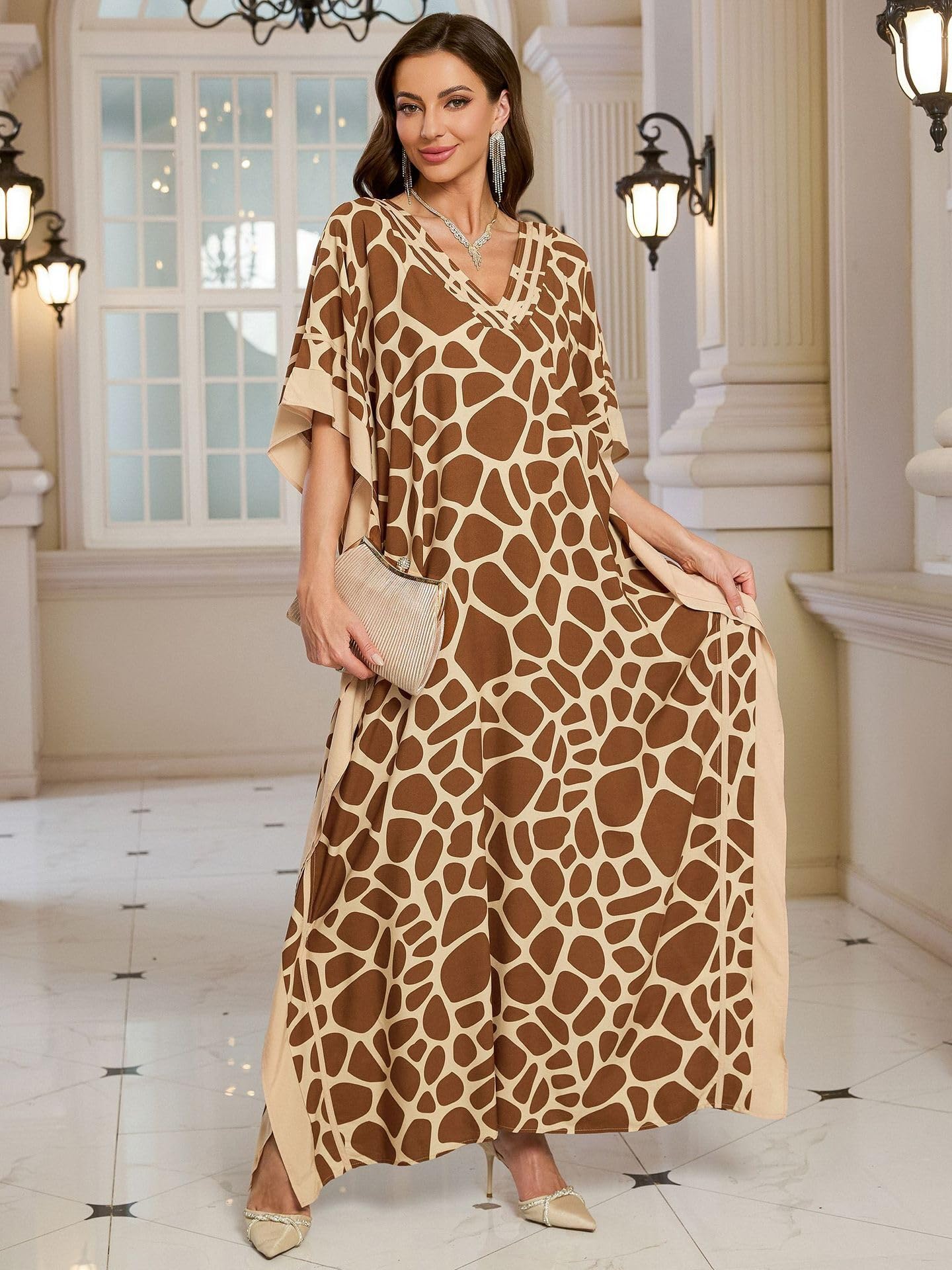 KECVOT Kaftan Dresses for Women V-Neck Print Swimsuit Cover Up Plus Size Beach Caftan Lounge Dress