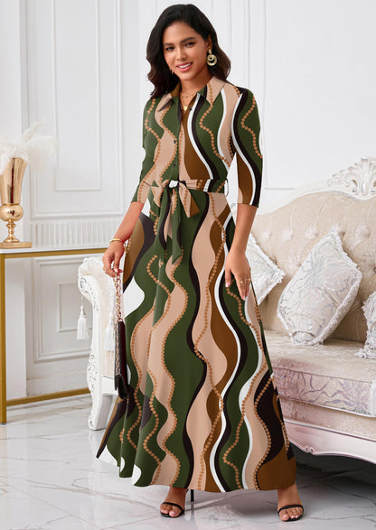 Rumwind Maxi Dresses for Women, 3/4 Sleeve Shirt Collar Casual Afircan Print Church Dress Button Down with Belt and Pockets