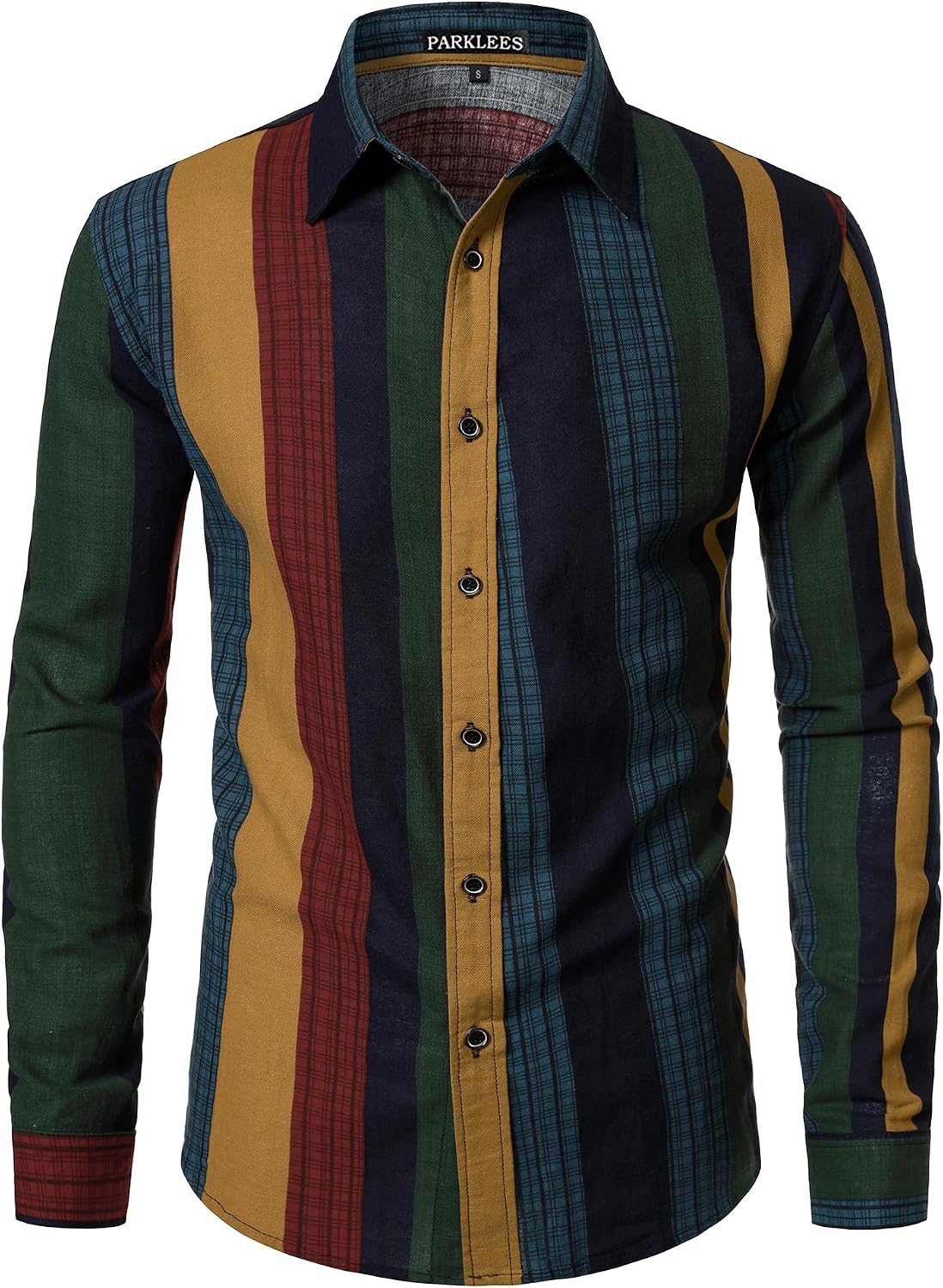 PARKLEES Men's Cotton Linen-Like 70s Disco Retro Traditional Pattern Printed Long Sleeve Button Down Shirt