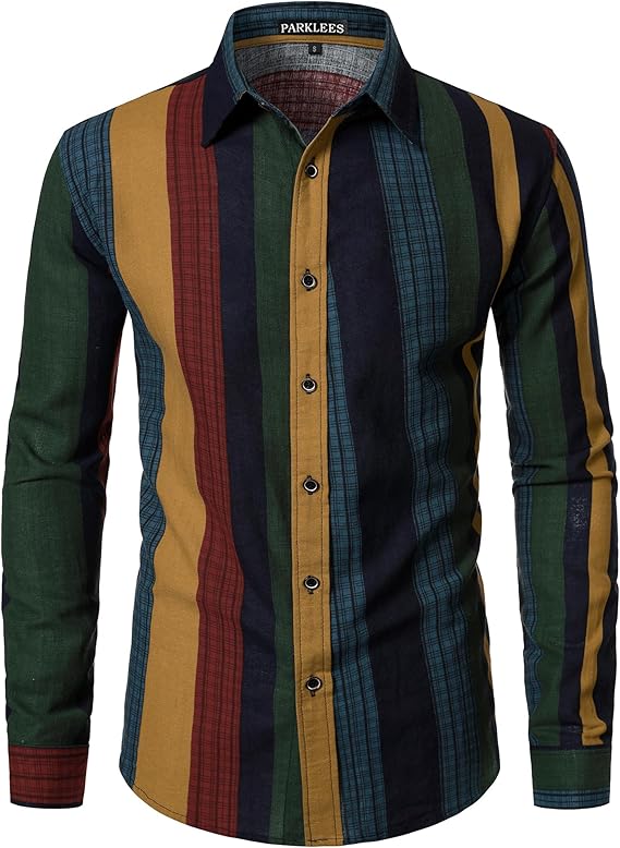 PARKLEES Men's Cotton Linen-Like 70s Disco Retro Traditional Pattern Printed Long Sleeve Button Down Shirt