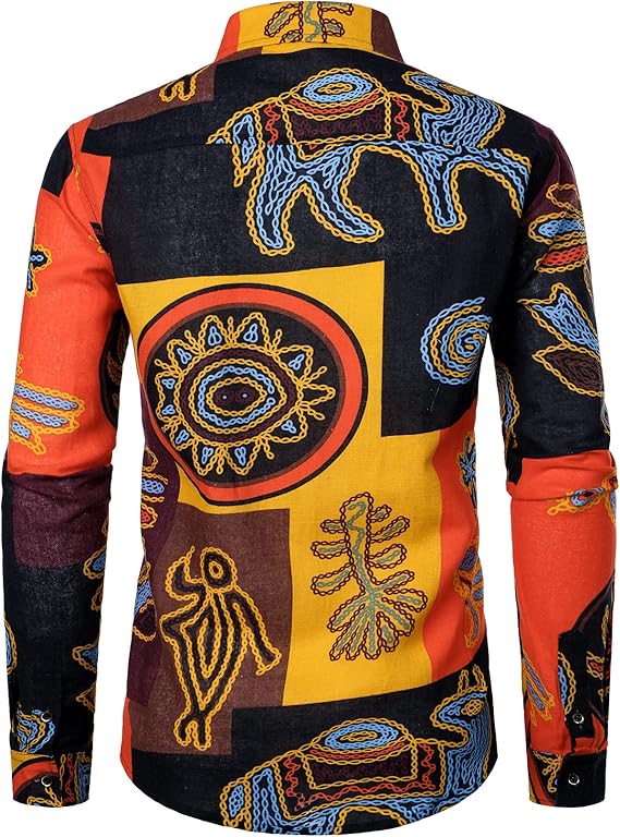 PARKLEES Men's Cotton Linen-Like 70s Disco Retro Traditional Pattern Printed Long Sleeve Button Down Shirt