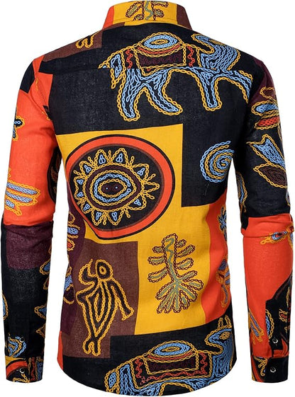 PARKLEES Men's Cotton Linen-Like 70s Disco Retro Traditional Pattern Printed Long Sleeve Button Down Shirt