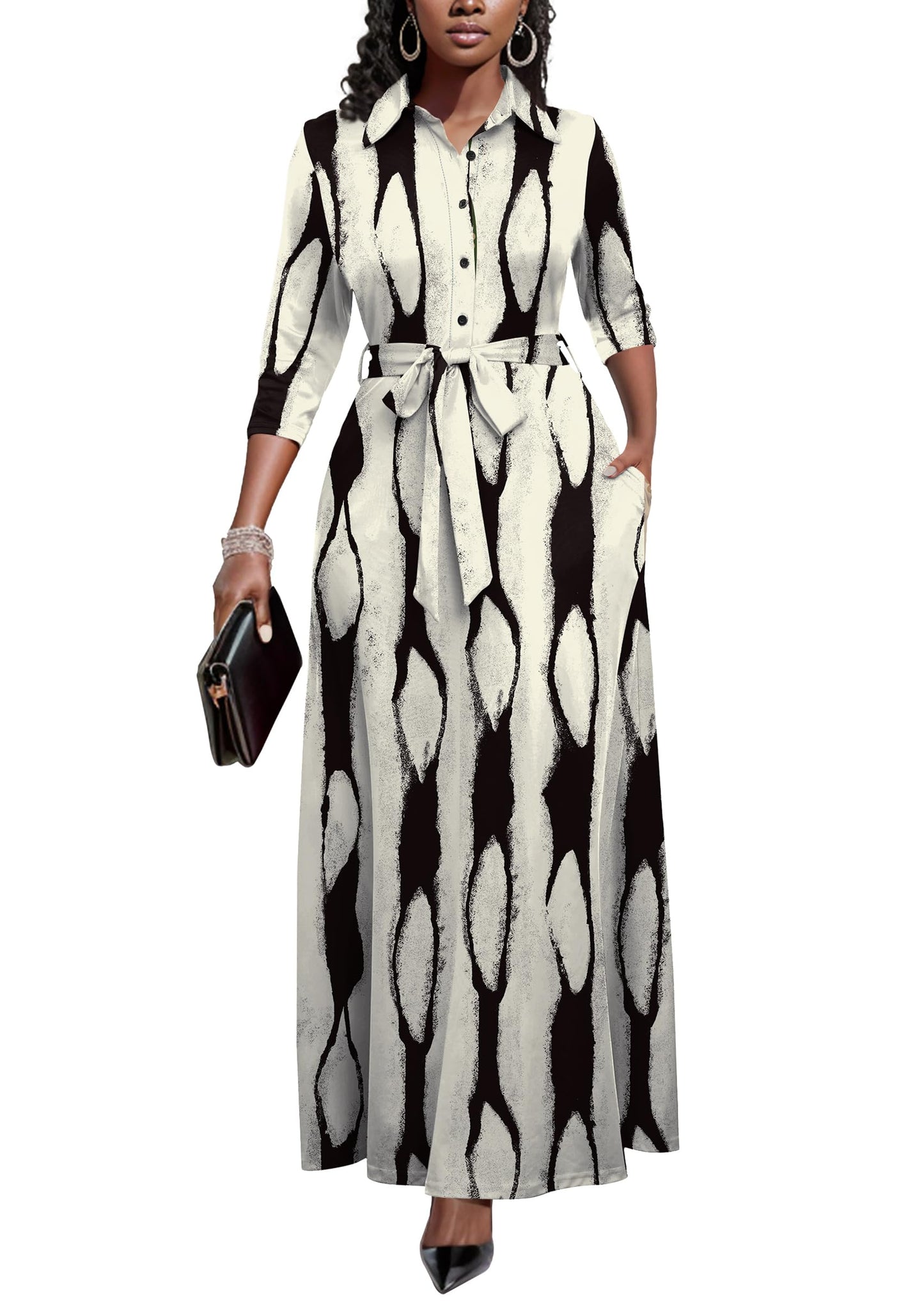 Rumwind Maxi Dresses for Women, 3/4 Sleeve Shirt Collar Casual Afircan Print Church Dress Button Down with Belt and Pockets