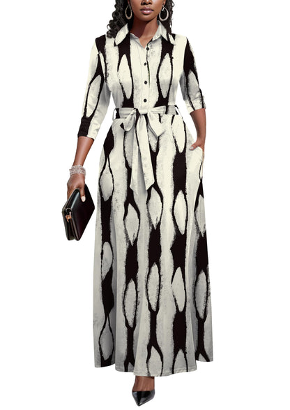 Rumwind Maxi Dresses for Women, 3/4 Sleeve Shirt Collar Casual Afircan Print Church Dress Button Down with Belt and Pockets