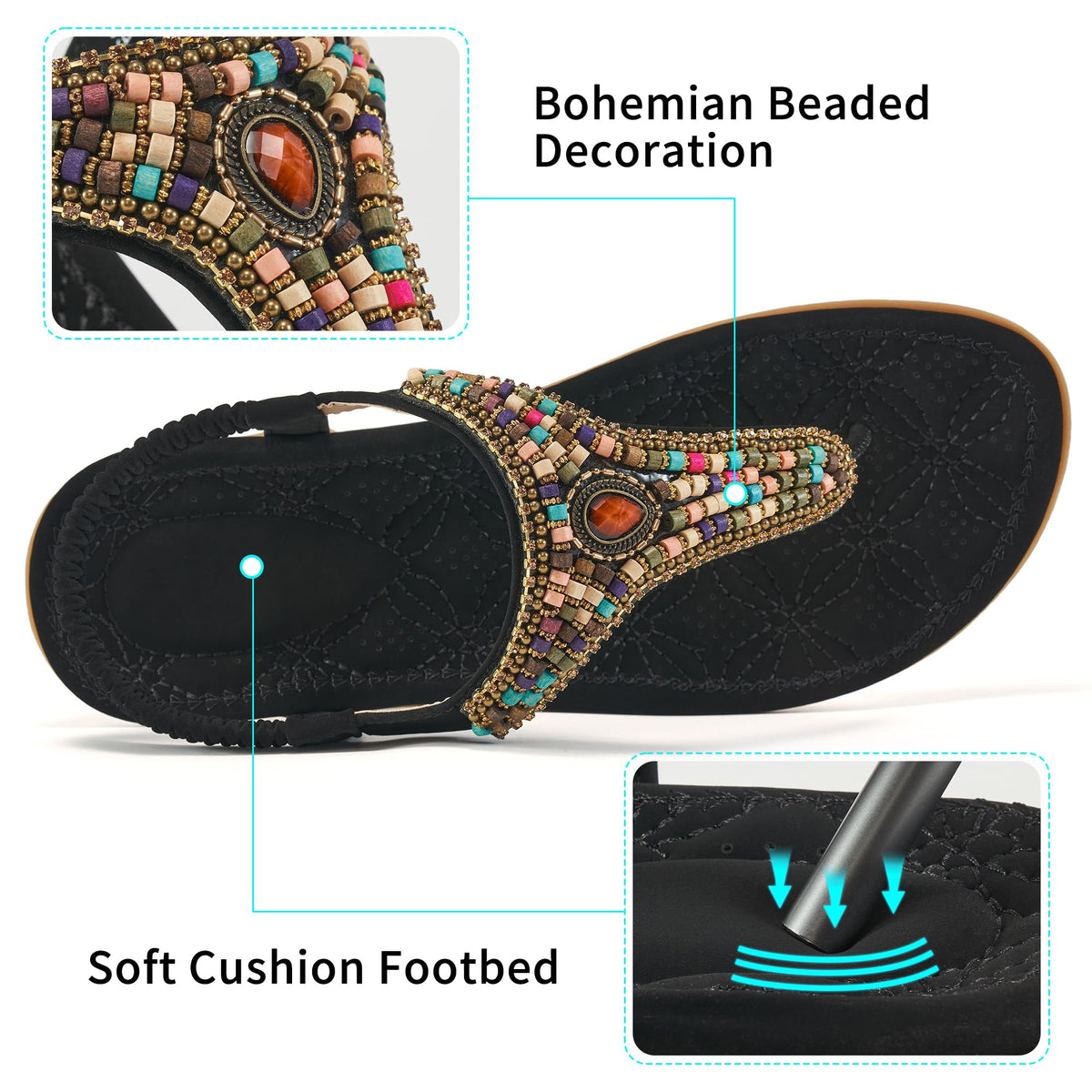 Ecetana Women's Flat Sandals Comfort Beaded Boho Summer Ankle Strap