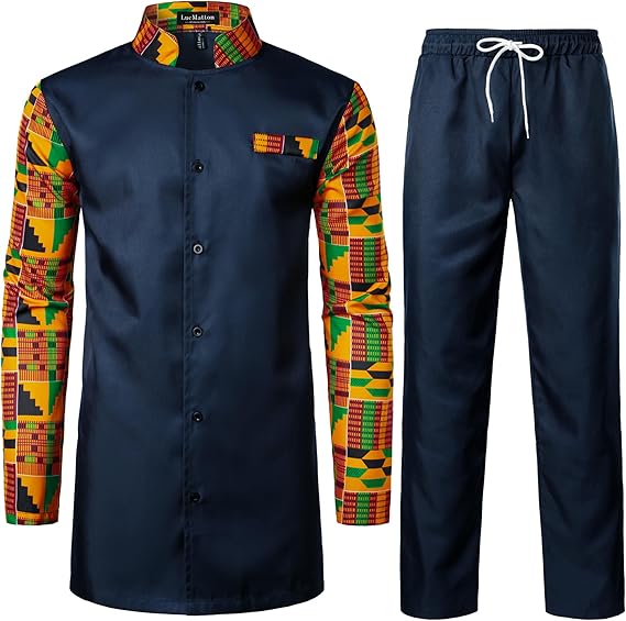 LucMatton Men's 2 Piece Outfits Long Sleeve Button Down African Dashiki Shirts and Pants Set Traditional Ethnic Suits