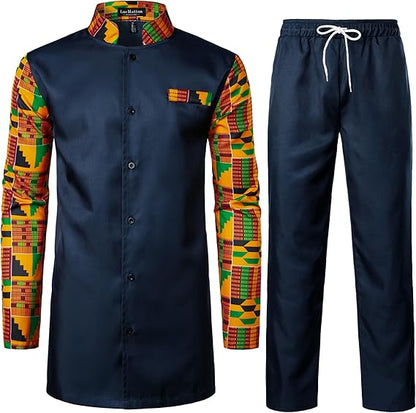 LucMatton Men's 2 Piece Outfits Long Sleeve Button Down African Dashiki Shirts and Pants Set Traditional Ethnic Suits